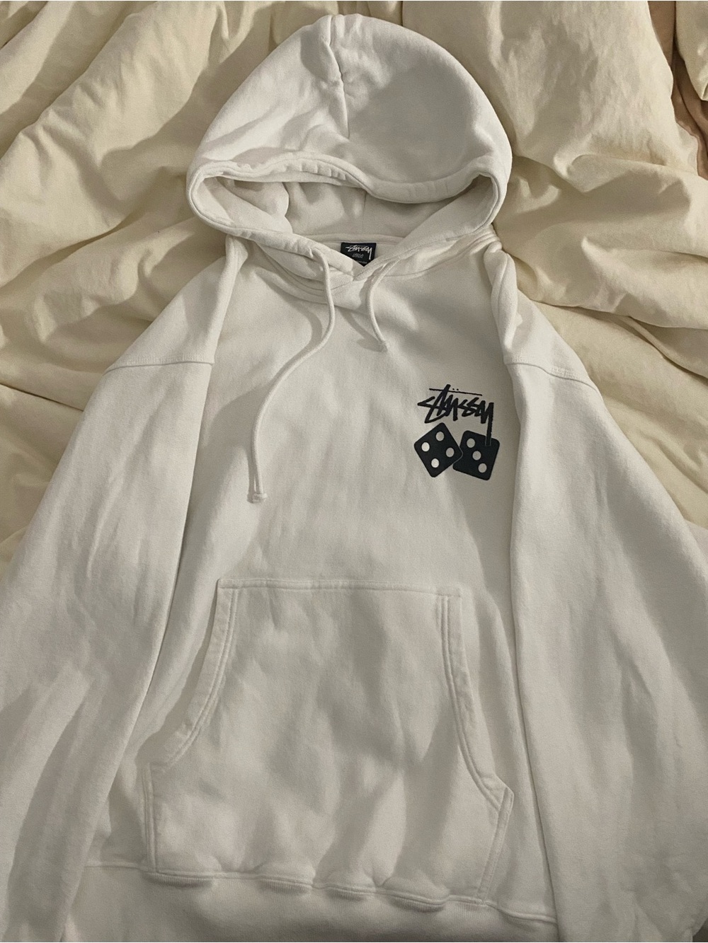 Stussy White Hoodie with Black Logo Tag